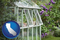 california map icon and a garden greenhouse