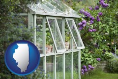 illinois map icon and a garden greenhouse