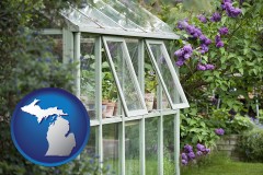 michigan map icon and a garden greenhouse