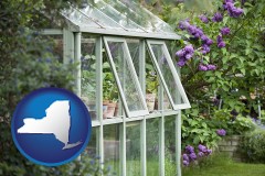 new-york map icon and a garden greenhouse
